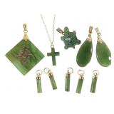 Green Jade Pendants & 14k Cross Necklace