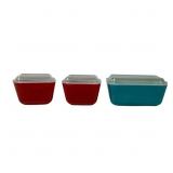 3 Pyrex Lidded Refridgerator Dishes Red & Blue