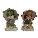 2 Small Ceramic Umbella Girl Figures - Japan