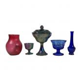 5pcs Red Blue & Irridescent Glassware