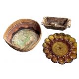 Woven Baskets & Glassware w Wood Stamp