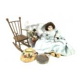 Antique Porcelain Doll w Hat & Chair