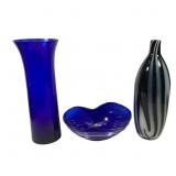 2 Large Blue Glass Vases + Bowl
