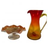 2pcs Orange Irridescent Glass Pitcher & Bowl