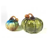 2 Green Glass Decorative Pumpkins