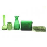 5pcs Green Glass w Bud Vase Urn Trinket Dish +