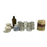 Vtg Glass Insulators w Beer Mug & Blob Top Bottle