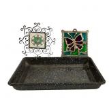 Vtg Graniteware Tray w Stain Glass Tile +
