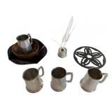 Misc Wood & Pewter Items w Quill Holder Mugs +