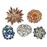 5 Vibrant Austrian Crystal Pin Brooches