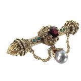 14K Garnet Emerald Pearl Bar Pin Brooch 8.1g TW