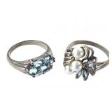 2 Sterling Rings Blue Topaz Pearls 9.1g TW