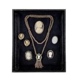 Cameo Pins Earrings Necklace, 12k GF