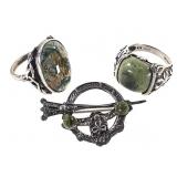 Moss Agate & Irish Sterling Rings & Pin 20.3g TW