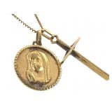 18K Necklace w Cross & Mary Pendants 7.0g TW