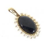 14K 2mm Pearl & Onyx Pendant 4.4g TW