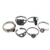 6 Sterling Rings 14.8g TW Sz 7-7 3/4