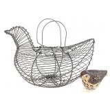 Metal Wire Chicken Shape Egg Basket & Pottery Bird