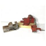 2 Red Bench Vises & Metal Fixture/Jig