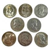 8 Franklin Silver Half Dollars Circulated