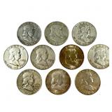 10 Silver Franklin Half Dollars Circulated