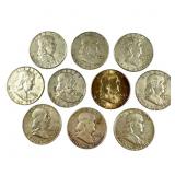 10 Silver Franklin Half Dollars Circulated