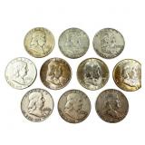 10 Silver Franklin Half Dollars Circulated