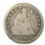 1891 Seated Liberty Silver Quarter
