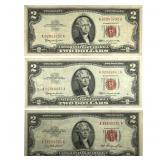 3 Red Seal $2 Bills 1953 & 1963