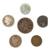 5 1800s US Coins + 1943 Steel Cent