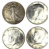 4 90% Silver Halves w Kennedy & Walking Liberty