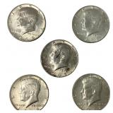 5 40% Silver Kennedy Half Dollars Circulated