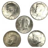 5 1964 90% Silver Kennedy Half Dollars