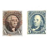 1847 US Stamp Scott # 2 & Scott #1 Restrike Used