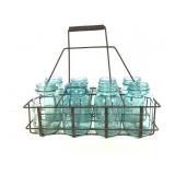 8 Vtg Blue Ball Quart Jars in Wire Carrier