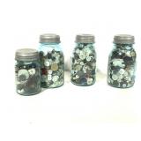 4 Vtg Blue Ball Mason Jars Full of Buttons