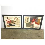2 Framed Abstract Multi-Media Collages Asian