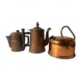 Copper Coffee Pots & Kettle w Brass & Wood