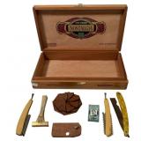 Vtg Wood Cigar Box w Razors Coin Purse +