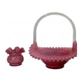 Vtg Cranberry Opalescent Hobnail Basket & Rose Bl