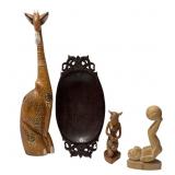Artisan Carved Wood 3 Statuettes & 1 Bowl