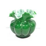 Vtg Fenton Green Cased Glass Beaded Melon Vase