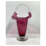 Vtg Cranberry Art Glass Basket Vase