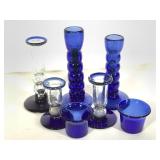 7 Vtg Candle Holders - Cobalt Blue Glass
