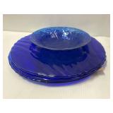 3 Cobalt Blue Glass Srving Plates Teal Glass Bowl