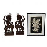 Bali Dancers Ink Wash & 2 Carved Aspara Figurines