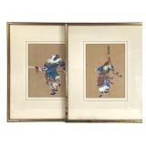 2 Asian Warrior Paintings On Woven Fiber Framed