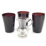 Early American Blown Glass Tumblers & Pitcher 4Pc