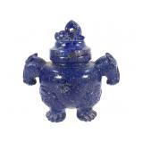 Carved Lapis Lazuli Tripod Censer w/ Lid