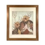 MCM Wood Framed Sunflower Fabric Screen Print